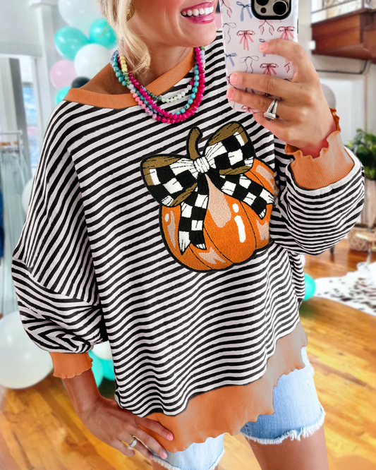 Pumpkin Bow Embroidered Striped Sweatshirt