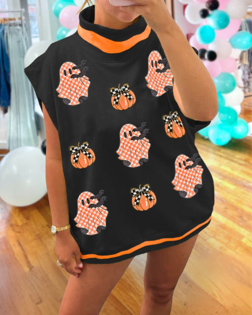 Playful Ghost Pumpkin Sequins Top