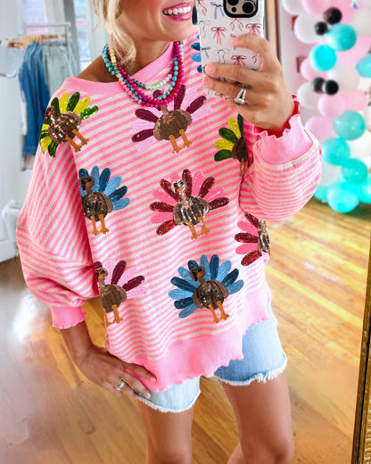 Colorful Turkey Sequin Stripe Sweatshirt