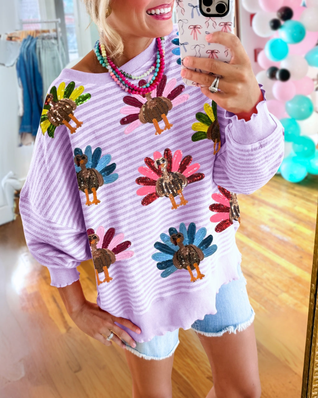 Colorful Turkey Sequin Stripe Sweatshirt