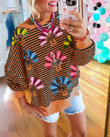 Colorful Turkey Sequin Stripe Sweatshirt