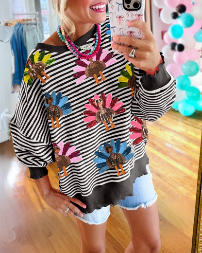 Colorful Turkey Sequin Stripe Sweatshirt