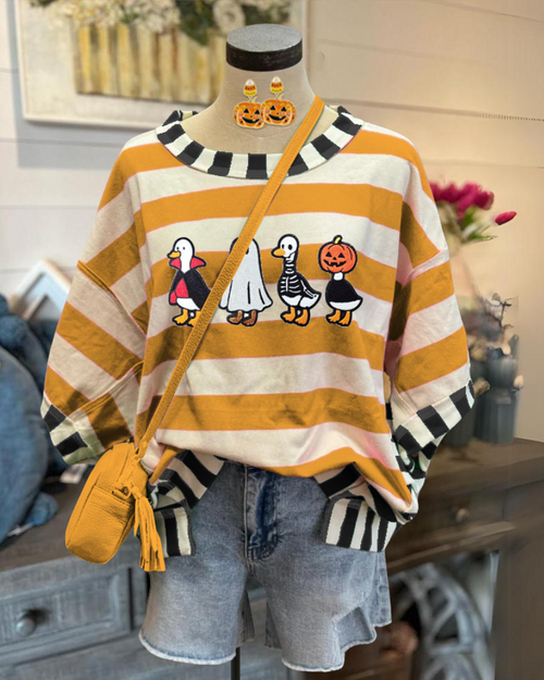 Playful Halloween Duck Embroidered Striped Top